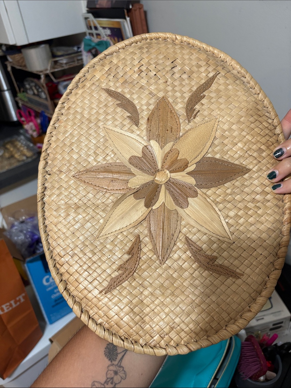 Woven Straw Oval Wall Basket with Floral Inlay - Natural Beige